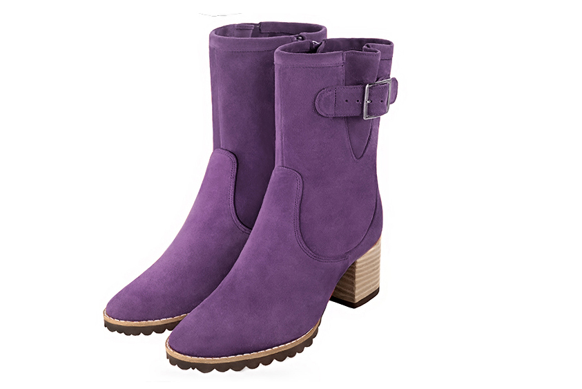 Amethyst purple women's ankle boots with buckles on the sides. Round toe. Medium block heels. Front view - Florence KOOIJMAN